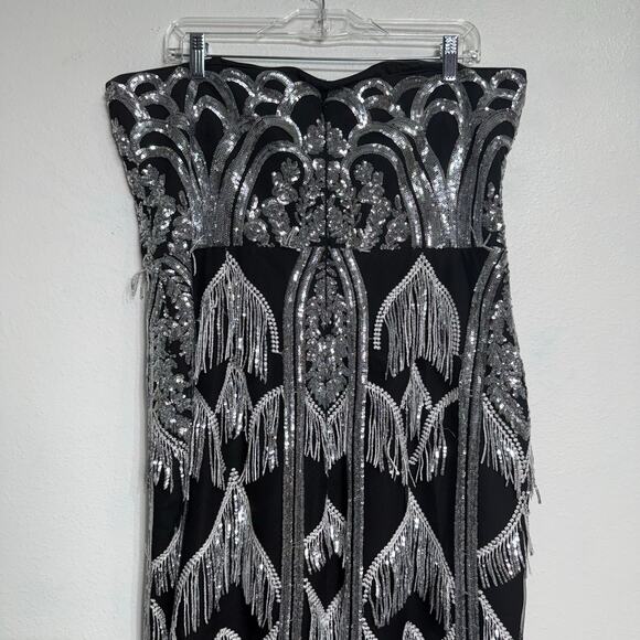 Dress the Population Black Viviana Sequin Fringe Strapless Midi Dress Sz XXL - Picture 3 of 13